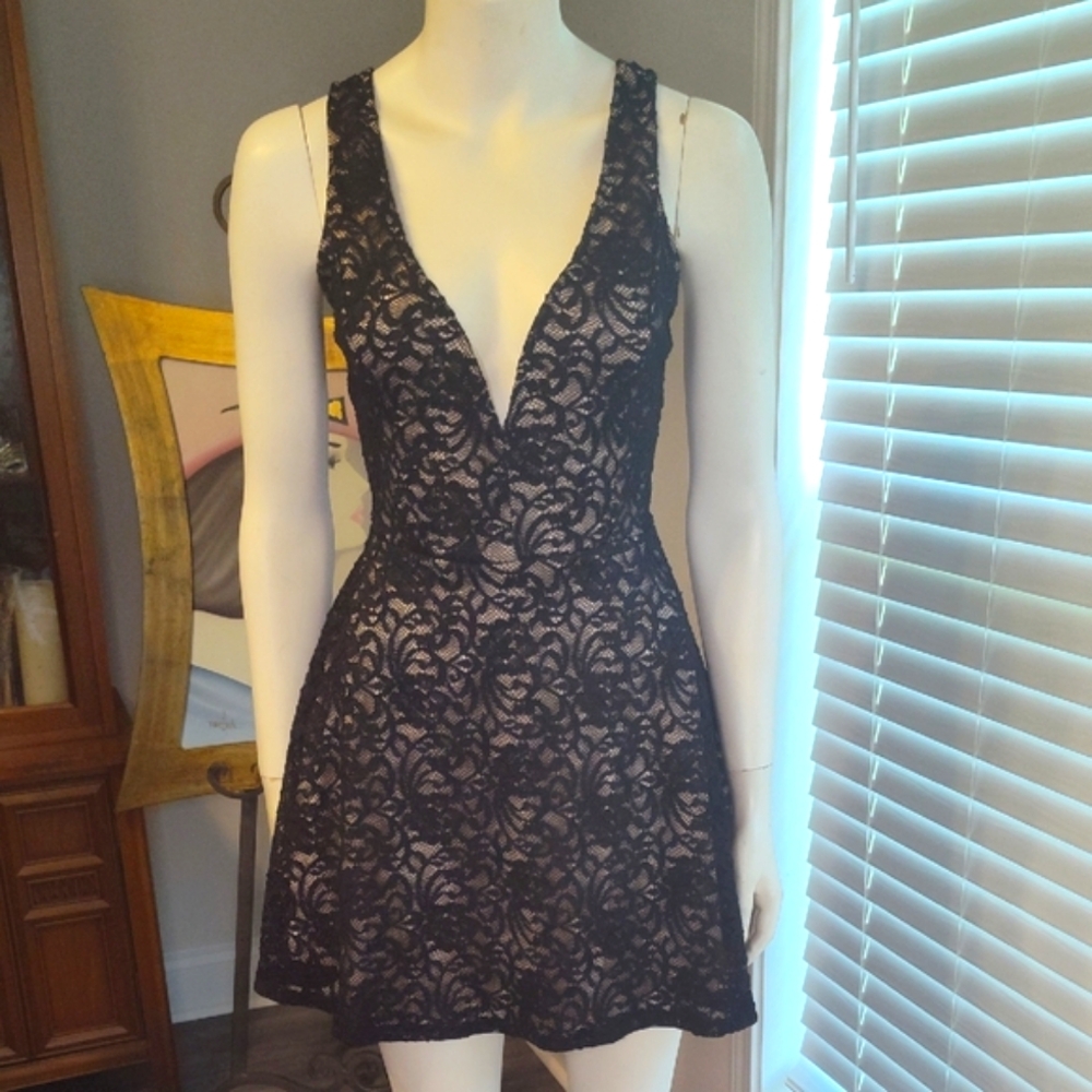 Express Blue Sequin Plunge Babydoll Dress